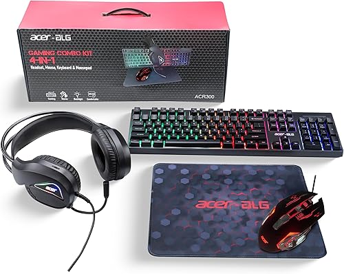 Acer 4 in 1 Wired Gaming Combo, 7 Color LED Backlit Keyboard, RGB Mouse (800/1600/2400/3200 DPI), Premium Gaming Headset (50mm Driver, 120dB) with Mixed Light Effect, Fabric Weave Mousepad (Black) — 68% Off on Amazon
