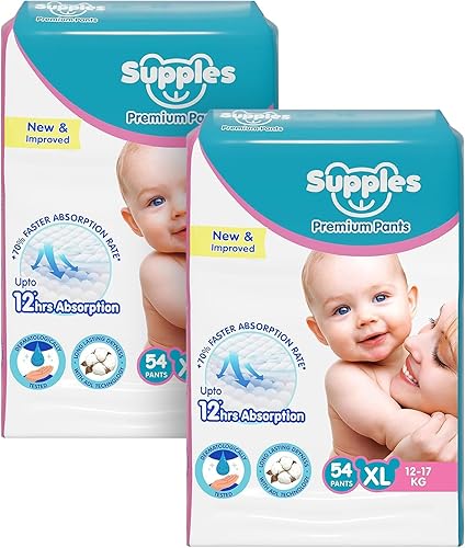 Amazon Brand - Supples Premium Baby Diaper Pants | 108 Baby Diapers | XL | 12-17 Kg | 12 Hrs Absorption | Cushiony Cotton Soft Fabric | Phthalates-Free | Triple Leak Guard | 54 Count, Pack of 2 — 56% Off on Amazon