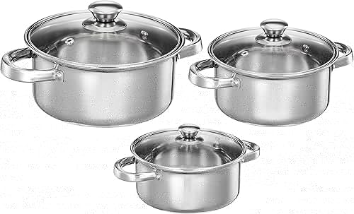 Amazon Solimo Set of 3 Stainless Steel Casseroles | Glass Lid | Flat Bottom | Dishwasher-Safe | 16 cm, 18 cm, 20 cm | 2.3 Liter, 3 Liter, 1.7 Liter | Silver — 35% Off on Amazon