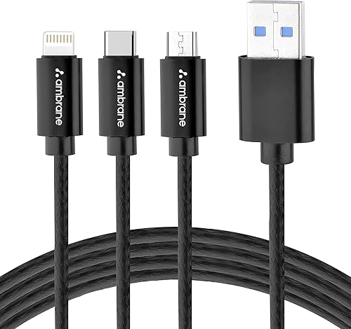 Ambrane Unbreakable 3 in 1 USB Fast Charging USB Cable with Type C, Lightning, Micro USB Port with 2.1 A, Compatible with iPhone, iPad, Samsung, OnePlus, Mi, Oppo, Vivo, Xiaomi, 1.25M (Trio-11, Black) — 38% Off on Amazon
