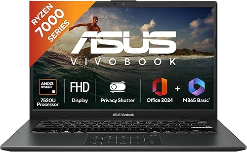 ASUS Vivobook Go 14, AMD Ryzen 5 7520U, 16GB RAM, 512GB SSD, FHD, 14 inch, 60Hz,42WHrs, Windows 11, M365 Basic (1Year)*,Office Home 2024, Mixed Black, 1.38 kg, E1404FA-EB774WS, Thin & Light Laptop — 15% Off on Amazon