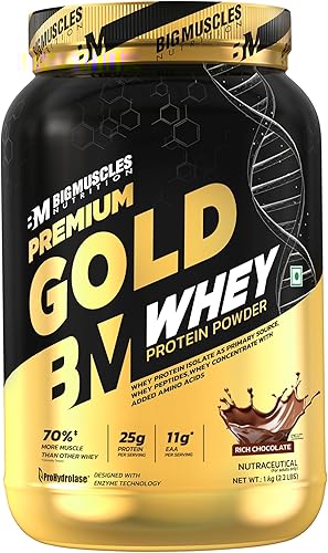 Bigmuscles Nutrition Premium Gold Whey [1Kg] | Informed Choice UK Certified | Isolate Whey Protein Blend | 25g Protein | 11g EAA | ProHydrolase Enzyme Technology [Rich Chocolate] — 45% Off on Amazon