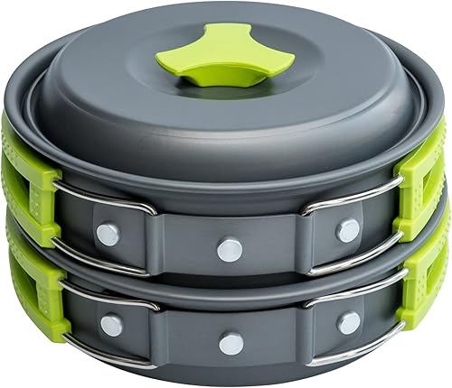 Camping Cookware Mess Kit Backpacking Gear & Hiking Outdoors Bug Out Bag Cooking Equipment 10 Piece Cookset | Lightweight, Compact, & Durable Pot Pan Bowls - Free Folding Spork, Nylon Bag, & Ebook — 60% Off on Amazon