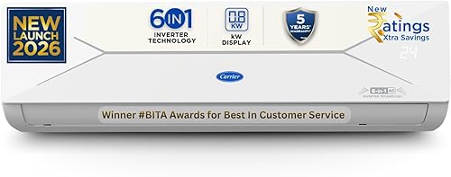 Carrier 1.5 Ton 5 Star, New Star rated, Flexicool Inverter Split AC (Copper, Convertible 6-in-1 with Smart Energy Display, Insta Cool, Auto Clean and PM 2.5 Filter, ESTER EDGE Gxi-CAI18EE5R36F0, White) — 45% Off on Amazon