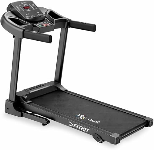 Fitkit by Cult PowerRun-96 BLDC Motor Treadmill (5HP Peak) | 12.8km/h Max Speed, 120kg Weight Capacity | 12 Preset Programs, LED Display | AUX/MP3/USB | Home Gym Equipment, Black — 66% Off on Amazon