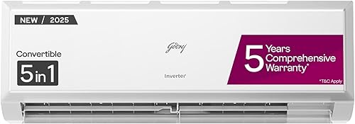 Godrej 1 Ton 3 Star, 5 Years Comprehensive Warranty, AI Powered, 5-In-1 Convertible Cooling, Inverter Split AC (Copper, Model, Heavy duty cooling at 52 °C, AC1T EI 12PINV3R32 WYQ 3S, White) — 37% Off on Amazon