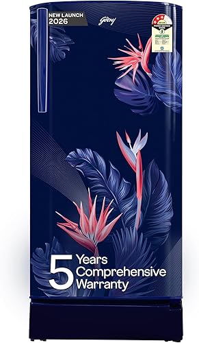Godrej 183 L 3 Star 5 Years Comprehensive New Launch | Toughened Glass Shelves | 24 Day Farm Freshness | Jumbo Vegetable Tray | Single Door Refrigerator (RD R190CN THF FR BL, Floral Blue) — 38% Off on Amazon