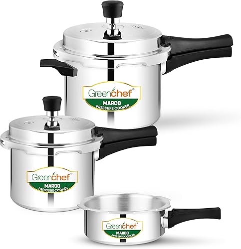 Greenchef Marco Aluminium pressure cooker combo(5ltrs + 3ltrs + 2ltrs pan) Induction compatible - ISI Certified — 44% Off on Amazon