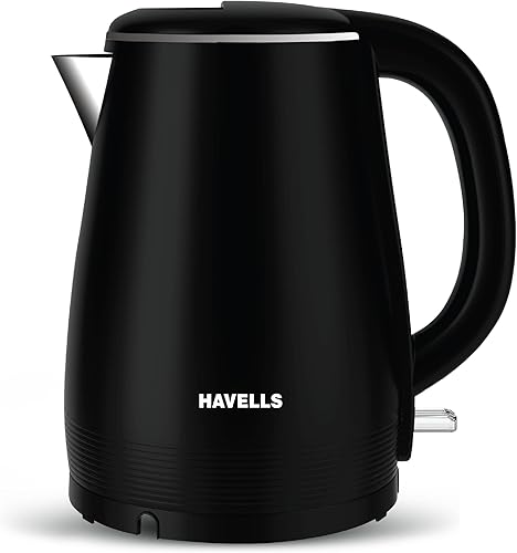 Havells Electric Kettle Altro 1250 Watts 1.5 liters, Double Layered Cool Touch Outer Body | 304 Rust Resistant SS Inner Body with Auto Shut Off | Wider Mouth | 2 Yr Manufacturer Warranty (Black) — 46% Off on Amazon