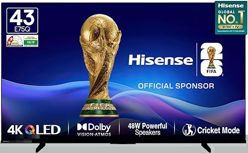 Hisense 108 cm (43 Inches) 4K Ultra HD Smart QLED TV | 48W Powerful Speakers | Dolby Atmos & HDR10+ | ALLM, VRR & Game Mode | Cricket Mode | AI 4K Upscaler | VIDAA OS | 43E75Q (Black) — 46% Off on Amazon