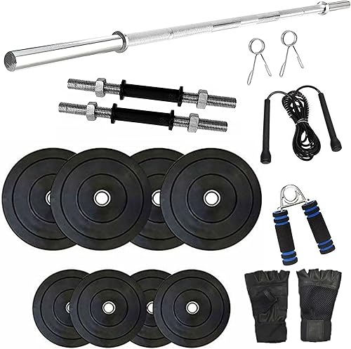 Home Gym Combo, Home Gym Set, 20 Kg Rubber Weight Plates (3Kg X 4 Plates + 2Kg X 4 Plates) with Solid Dumbbell Rod, 3Ft Plain Rod and Accessories — 69% Off on Amazon