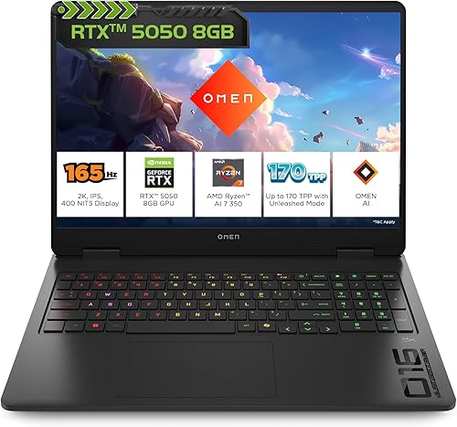 HP Omen, AMD Ryzen AI 7 350, 8GB RTX 5050, 24GB DDR5(Upgradeable) 1TB SSD, 165Hz, 2k WUXGA, 3ms, 400 nits, 16’(40.6cm) Win11, M365* Office24, Black, 2.44kg, ap0165AX, RGB, AI Gaming Laptop — 17% Off on Amazon