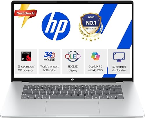 HP Omnibook 5 OLED (Previously Pavilion), Snapdragon X Processor (16GB LPDDR5x,1TB SSD) 2K OLED,16’’/40.6cm, Win11, M365*Office24, Glacier Silver, 1.59kg, fb0001QU, Backlit, Next-Gen AI Laptop — 16% Off on Amazon