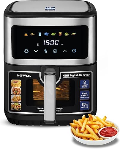 KENT Digital Air Fryer 6.5L,1600W,Bake,Grill & Roast,Up To 80% Less Oil Usage,Rapid Heat Circulation,8 Preset Menu,Digital Display & Touch Control Panel,Glass Window With In Built Light,Black — 46% Off on Amazon
