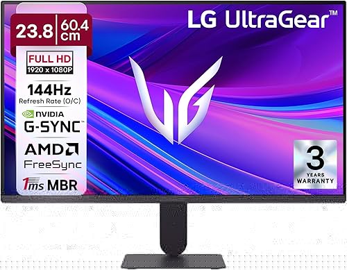 LG 24G411A-B 60.4 cm (23.8 Inch) Ultragear FHD (1920x1080) IPS Gaming Monitor with 144Hz, 1ms MBR, 5ms (GtG), HDR10, NVIDIA G-SYNC Compatible, AMD FreeSync, HDMI, Tilt Adjustable, Anti-Glare (Black) — 60% Off on Amazon