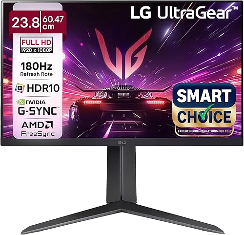 LG 24GS65F Smartchoice 60.47cm (23.8Inch) Ultragear FHD (1920x1080) IPS Gaming Monitor, 180Hz, 1ms, NVIDIA G-SYNC Compatible, AMD FreeSync, DP, HDMI, Tilt/Height/Pivot Adjustable, Anti-Glare (Black) — 45% Off on Amazon