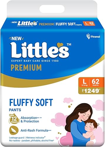 Little’s Premium Baby Diapers L Size (Large) Pants Style | 9-14 kg | 62 Count | Super Jumbo FluffySoft Baby Diaper with Leakage Guard, Wetness Indicator & 12 Hours Absorption — 53% Off on Amazon