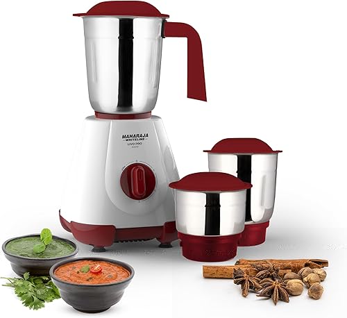 Maharaja Whiteline 500W Livo Pro Mixer Grinder with 3 Stainless Steel Jars with lid and 20,000 RPM Motor Speed (White & Cherry Red) — 50% Off on Amazon