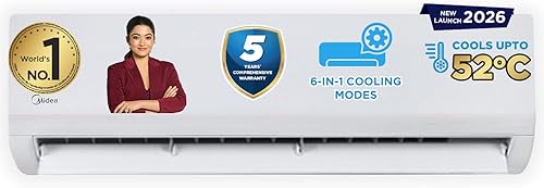 Midea 1 Ton 3 Star Inverter Split AC(Copper, Convertible 6-in-1 with Auto Intelligence,Turbo Mode for Faster Cooling, Auto Clean & HD & PM 2.5 Filter,New BEE rated, Santis Max DLX-MAI12SD3R36F0,White) — 46% Off on Amazon