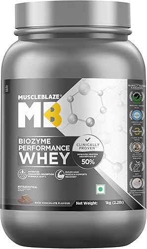 MuscleBlaze Biozyme Performance Whey Protein Powder, Rich Chocolate (1kg / 2.2lbs) | 25g Protein Per Scoop | Clinically Tested 50% Higher Protein Absorption — 21% Off on Amazon
