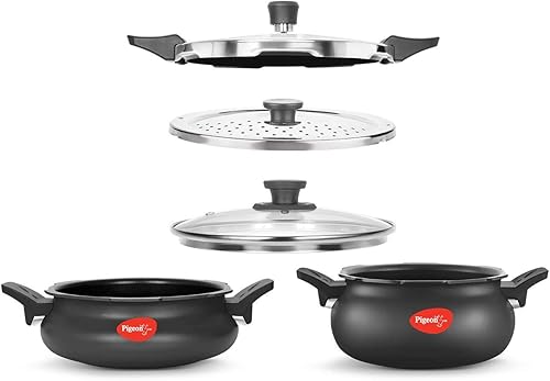 Pigeon All in One Value Pack Hard Anodized Super Cooker with Induction Base Outer Lid, 5 Litre and 3 Litre, 3 Lids (Pressure Lid, Strainer Lid and Serving Lid), Black — 45% Off on Amazon