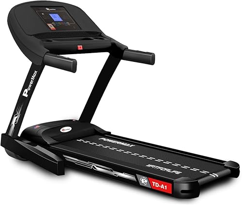 PowerMax Fitness TD-A1 6HP Motorised Foldable Treadmill for Home User Wt. 120kg 15 Lvl Auto-Incline Running Machine for pro-workout, Top Speed 14 km/ph, Speaker, Aux, LCD Display, Bluetooth for app — 67% Off on Amazon
