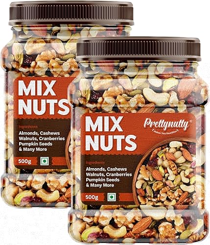 PrettyNutty Healthy Nutmix 1kg, Dried Almonds, Black Raisins, Cashewnuts, Cranberries, Green Raisins, Walnut Kernels & Many More. Pack of 2 (500g Each Jar) — 61% Off on Amazon