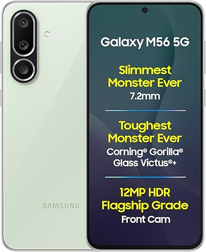 Samsung Galaxy M56 5G Mobile (Light Green,8GB RAM,128GB Storage)| Segment's Slimmest|Gorilla Glass Victus+| 10 Bit HDR Video| 50MP Camera| AI | Vapour Cooling Chamber| Lag-free Gaming| Without Charger — 32% Off on Amazon
