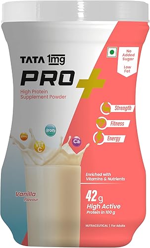 Tata 1mg Pro+ Soy Protein Supplement Powder- High Protein for Muscle & Bone Strength, Overall Fitness, and Energy with 23 essential nutrients,Low Fat & No Added Sugar,Vanilla Flavour — 23% Off on Amazon