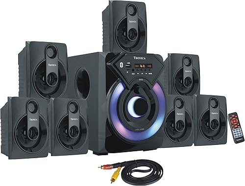 TRONICA Series 7.1 Channel Home Theater System Bluetooth, USB, FM, SD, AUX, RCA Inputs, LED TV Compatible, 4 inch Active Subwoofer, 3 inch Passive Radiator, Vivid Lighting, Wireless Remote — 51% Off on Amazon