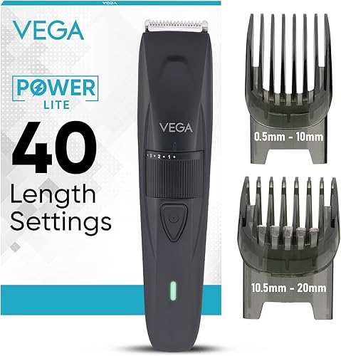 Vega Trimmer Men Beard with 90 Mins Runtime, Stainless Steel Blades & 40 Length Settings, 2 Comb Attachment, Trimmers for Man, USB Type C, Charging Indicator, Travel Lock, Black, (Power Lite, VHTH-38) — 45% Off on Amazon