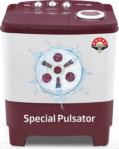 Voltas beko, A Tata Product 6 kg 5 Star Semi-Automatic Top Load Washing Machine With Air Dry (WTT60UNX/OK3R0R0W01, Burgundy, Special Pulsator Technology) — 38% Off on Amazon