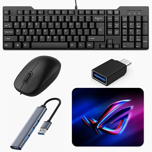 Wired Keyboard and Mouse Combo with Aluminium USB Hub & Type C OTG Adapter, Full Size 104 Keys Keyboard, 1000 DPI Optical Mouse, Plug and Play for Laptop PC Desktop Windows — 50% Off on Amazon