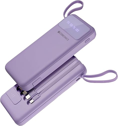 ZEBRONICS MB10000S6 Power Bank, 10000 mAh, 12W, 5 x Outputs - Dual USB A | Type C | Micro USB | Lightning, Built in I/O Cables, Percentage Display, Carry Loop, Made in India (Lavender) — 67% Off on Amazon